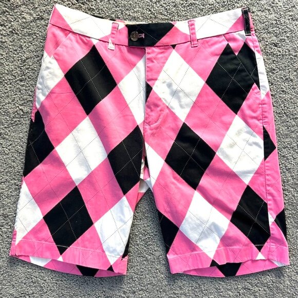 Loudmouth Golf Shorts Mens Size 32 Argyle Pink Black White Bold Pattern - EUC - Picture 1 of 7